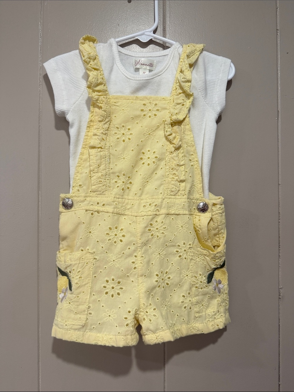 Nannette Lemon Yellow Eyelet Ruffle Strap Short Overalls